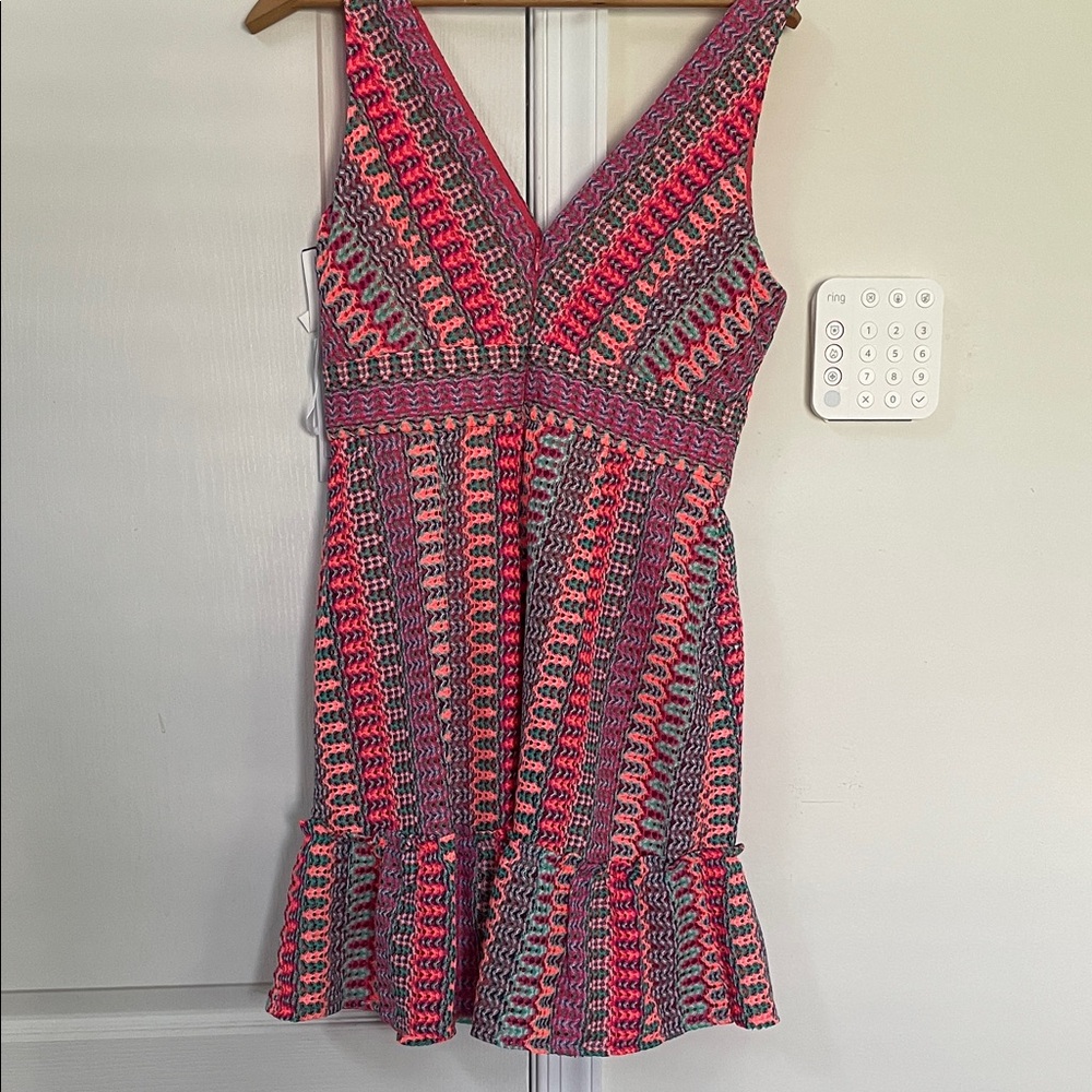 Donna Morgan Pink Multi-Color V-Neck Crochet Mini Dress